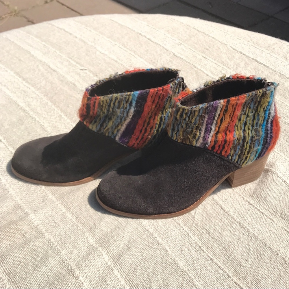 Toms Leila Booties - Dark Chocolate Suede with Woven Multicolor Yarn - Size 7